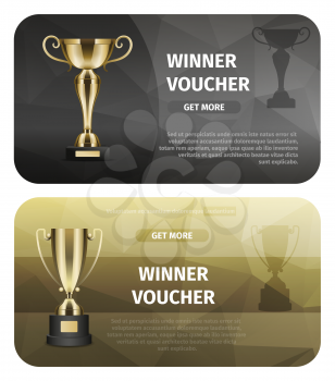 Winner voucher with gold trophy for victory vector illustration. Prize for successful business project. Honorable award for great achievements in marketing. Perspective startup winning reward.