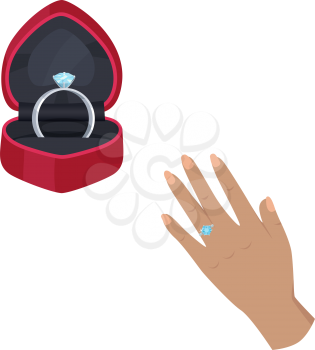 Silver engagement ring with blue diamond in open red box and on womans hand isolated vector illustration on white background.