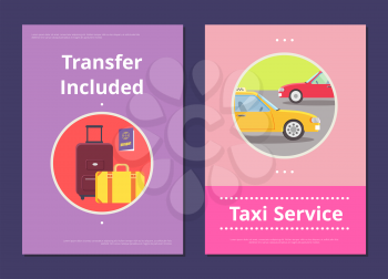 Taxi Service in hotel with included transfer with heavy baggage, international passport and comfortable cars in circles vector illustrations.