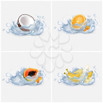 Tropic coconut, fresh orange, sweet papaya and peeled banana in water isolated vector illustrations on transparent background.