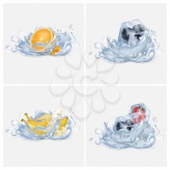 Fresh orange and bananas, frozen blueberry and strawberry in water isolated vector illustrations on transparent background.