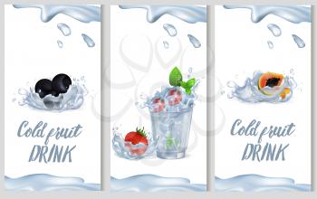 Cold fruit drink promotion poster vector illustration. Glass with strawberry and mint cocktail, fresh blueberry and juicy papaya.