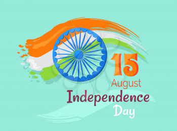 15 August Indian Independence Day greeting vector poster in graphic design with colorful national flag and inscription on azure background