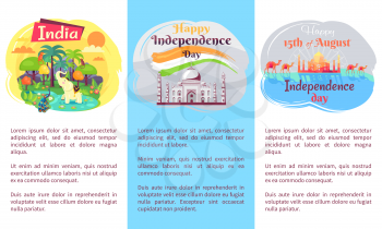 Independence Day of India set of banners with text. Vector illustration of elephant, peafowl bird, monkeys among Indian nature, Taj Mahal and camels