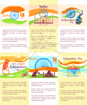 Indian Independence Day banners with national flag, exotic animals and famous authentic architecture isolated vector illustrations set.