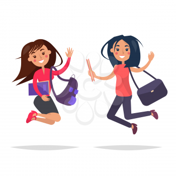 Jumping beautiful stylish girls with books and bags raise hands and smile isolated on white background. Students celebrate successful exam passing and graduation. Happy youth vector illustration.