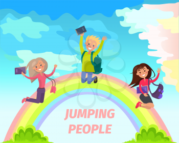 Jumping People concept. Happy boy and girls with textbooks and backpacks jumping on rainbow flat vector. Happy students on summer holidays cartoon illustration