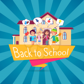 Back to school template poster with small students standing near educational establishment and holding supplies for studying but dreaming about other