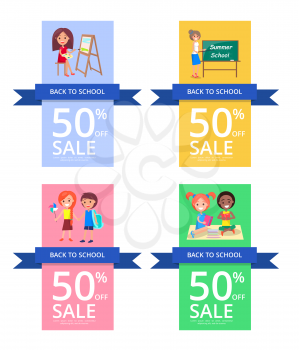 Back to school set of colourful posters. Vector illustration of teacher and students with backpacks and books. 50 percent off sale