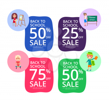 Back to school set of colorful posters with sale offer. Vector illustration of teacher and students with backpacks and books. 50 75 25 percent off sale