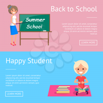 Back to school web banners with teacher standing near blackboard and happy student sitting on cover with pile of books vector illustrations
