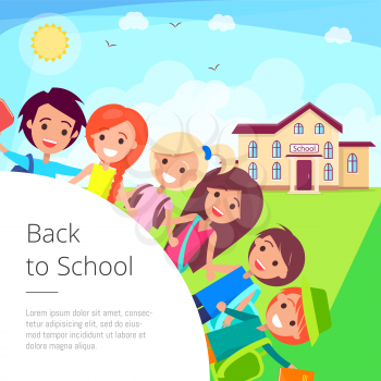 Back to school cartoon vector illustration depicting smiling boys and girls on sunny day standing in front of their educational institution