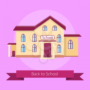 Back to school isolated cartoon illustration with inscription on light purple background. Three storey institution designed for educating children.