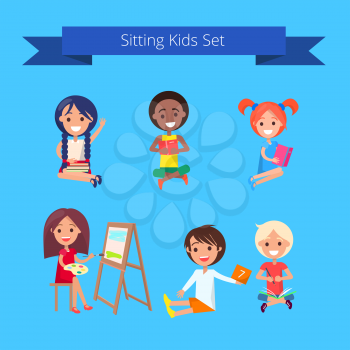 Sitting kids set isolated vector illustration on light blue background. Pupils gaining new knowledge and skills during classes at school