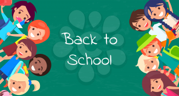 Back to school kids isolated vector illustration with inscription on green background. Joyful children during classes or on break