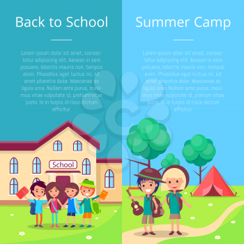 Back to school collection of posters with kids. Vector illustration of school, pupils with backpacks, books, hats, tent and boy holding guitar