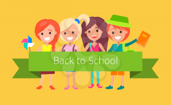 Pupils in good mood ready to go back to school and hold green wide ribbon. Vector colorful illustration presenting finish of summer