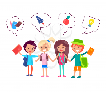Happy school boys and girls with backpacks, hardcover books holding each other hands and small icons above them isolated vector illustration.
