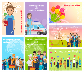 Spring holiday Labour day in May for all workers vector illustration. Set of congratulatory cards with flowers and humans of different occupations.