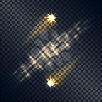 Big shooting stars with shiny traces and line of golden light that consists of sparkles isolated vector illustration on dark transparent background.