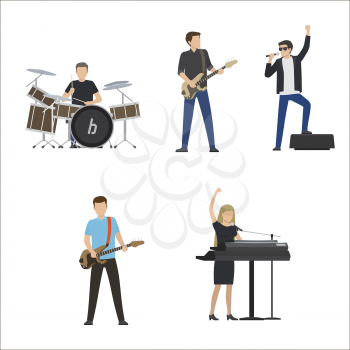 Faceless musicians play on big drum set, electric guitar, bass guitar, black synthesizer and sing in microphone isolated vector illustrations set.