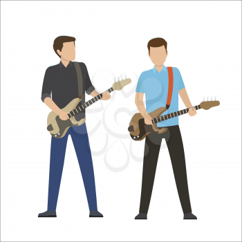 Musicians play on electric and bass guitar isolated vector illustration on white background. Music performance on modern instruments.