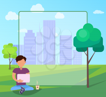 Man using modern computer technologies, internet addiction concept, add text. Free Wi-fi zone in city park on background of skyscrapers web banner.