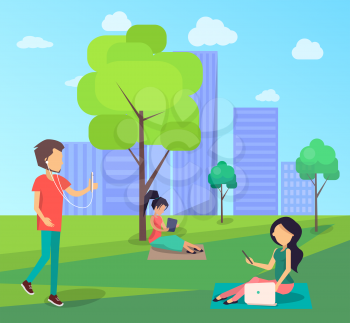 People walking in free wi-fi zone in central city park with modern gadgets, freelancers work and tree with laptop, entertain listening to music