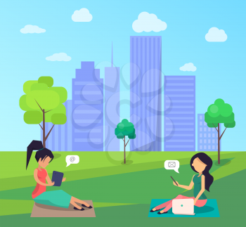 Two women sitting on lawn in central city park chatting and sending mail messages using modern computer technologies vector