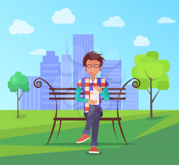 Spending time in park banner. Man in glasses watching movie on digital tablet vector illustration on background of urban city skyscrapers