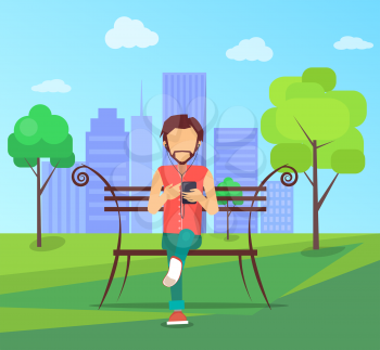 Man sitting on bench in city park on background of skyskrapers and listens music on smartphone in free wi-fi zone vector illustration in flat design.