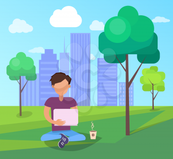 Free Wi-fi zone in city park on background of skyscrapers banner. Man with laptop and coffee using modern computer technologies, internet addiction concept
