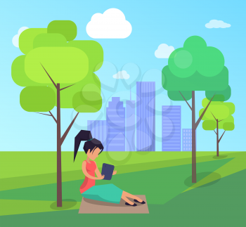 Work on fresh air conceptual vector banner with woman working on laptop sitting on lawn under tree, freelancer with notebook in city park
