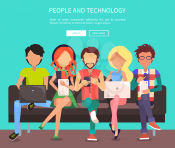People and technology web banner vector illustration. Males and females sit on bench in wi-fi zone using modern gadgets and getting free internet access