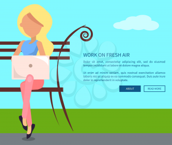 Work on fresh air conceptual vectorweb banner with text. Woman working on laptop sitting on bench, freelancer with notebook in city park