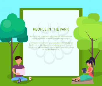 People in park using modern computer technologies web banner with place for text. Man and woman with gadgets sitting in wi-fi zone