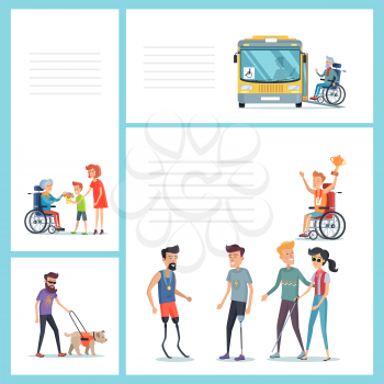 Old man on wheelchair takes bus, grandkids give flowers their granny on wheelchair, blind man walks and disabled people in sport vector illustrations.