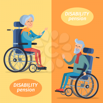 Disability pension two smiling gray-haired pensioners on wheelchairs. Vector illustration isolated on yellow and orange background.
