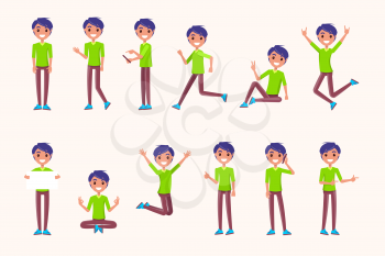 Guy poses in movement, during jump, while running, during rest, non verbal communication signs. Vector illustration of boy meditation, speaking on telephone