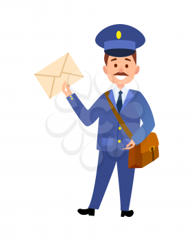 Postman cartoon character in blue uniform delivering letter flat vector illustration isolated on white background. Mailman with mailbag holding paper envelope. Smiling mustached postal courier icon  