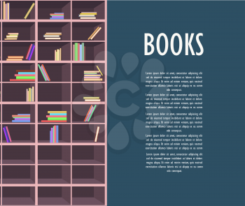 Book store promotion web poster. Wooden bookcase half full pile of interesting books with colorful covers vector illustration.