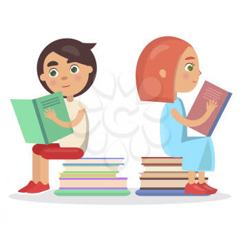 Girl and boy with open textbook sit on pile of books vector illustration in concept of International Literacy Day isolated on white