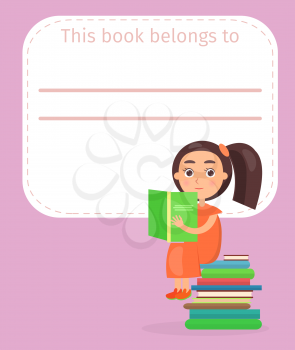 Place for book signing with little girl in dress who sits on books pile and read vector illustration on pink background.