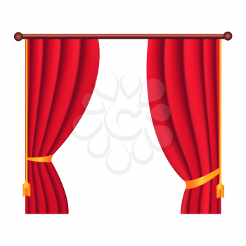Long silk red theater curtain hangs on cornice on white background. Luxury scarlet silk curtain on curtain-rod. Theatre, banquet and concert hall decoration icon isolated vector illustration.