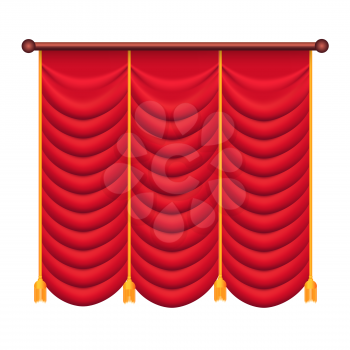 Heavy drape of red fabric with gold tie back rope and tassels vector isolated on white. Classic curtain in victorian style on cornice illustration for window dressing and interior design concepts