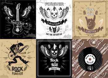 Rock and roll forever logotype sketches set vector illustration. Symbols of heavy metal music in retro style, skull and guitar, tattoo designs
