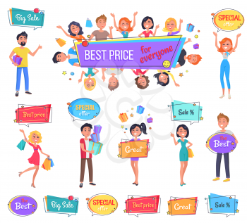 Big sale with best price for everyone promo banner. Happy characters hold full bags, boxes with presents or bright signboards vector illustrations.