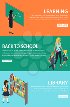 Learning and back to school library poster with orange, green and blue backgrounds. Vector web set of teacher writing on blackboard, mother with children going to school and girl choosing book