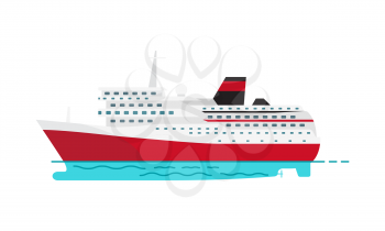 Seagoing ship vector illustration for travelling with passengers icon. Spacious luxury cruise liner big red steamer on water surface isolated on white