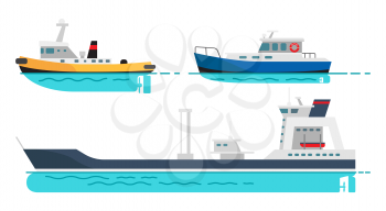 Blue fishing boat, small steamer and large cargo ship with spacious deck on water surface isolated vector illustrations set on white background.
